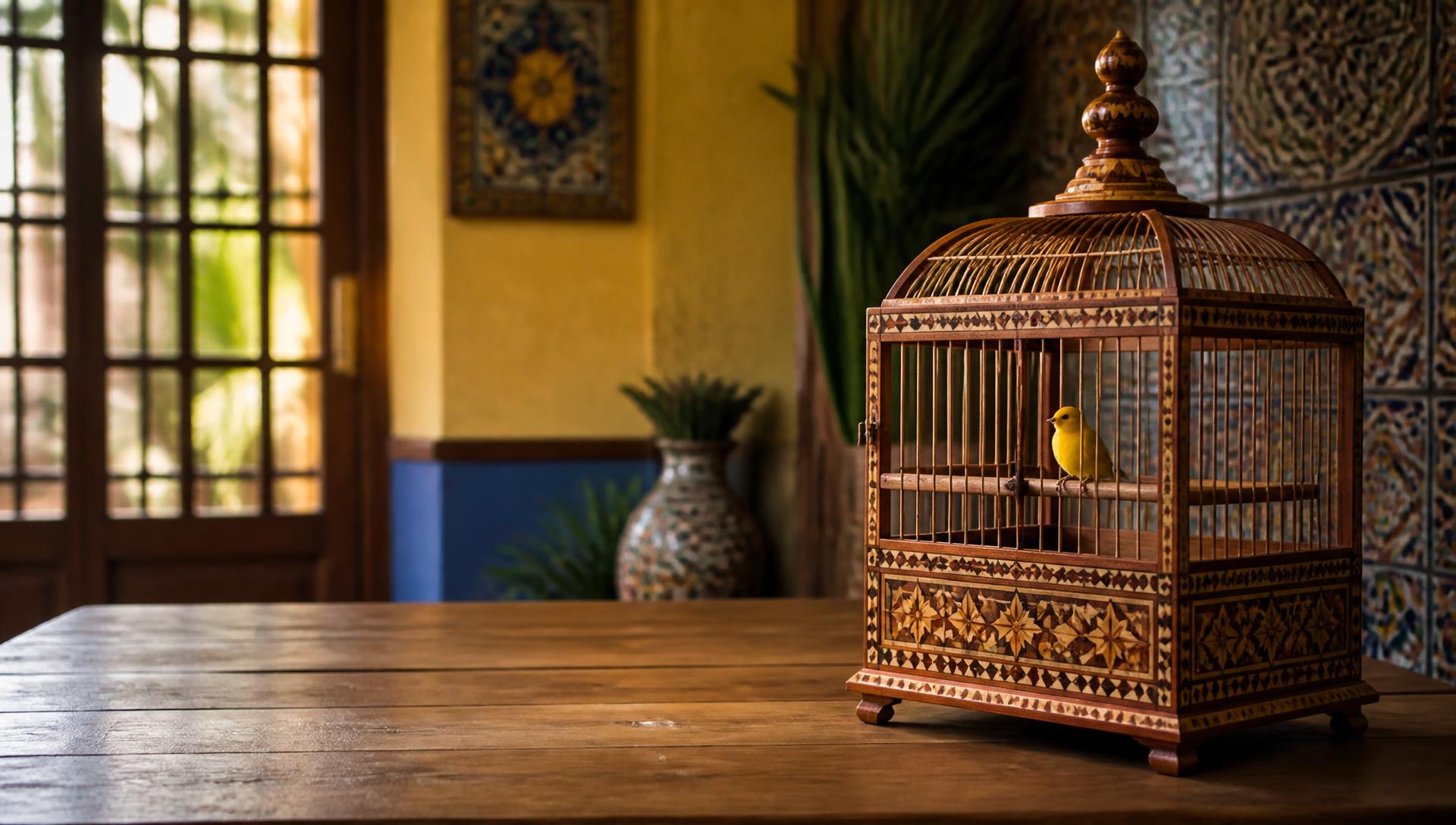 Jaula artesanal de madera con un canario en un interior mexicano